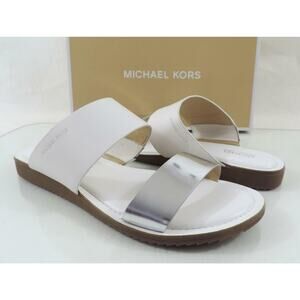 Michael Kors Size 7.5 Millie Slide Flat Sandals Metallic Leather Silver / White